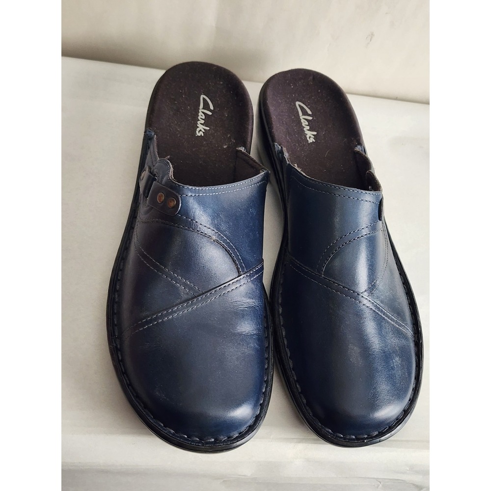 Clarks Womens Navy Blue Leather Slip On Mules Clogs 80720 Size 9.5M